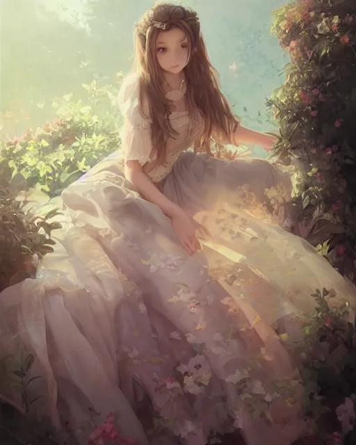 Image similar to aerith gainsborough in lace skirt, portrait, illustration, rim light, top light, perfectly shaded, soft painting, art by krenz cushart and wenjun lin