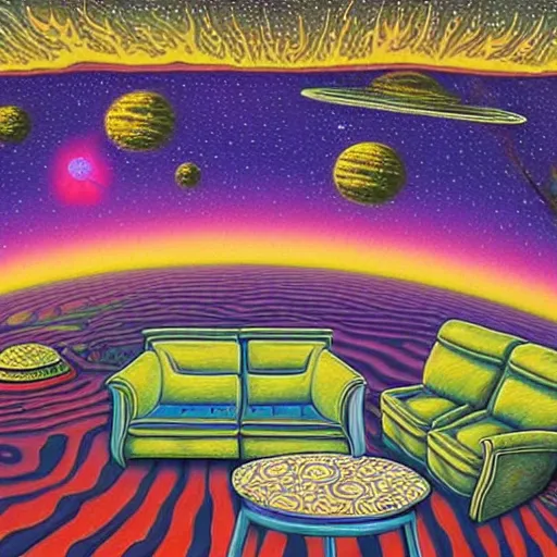 Image similar to psychedelic trippy couch in space, planets, milky way, sofa, cartoon by rob gonsalves