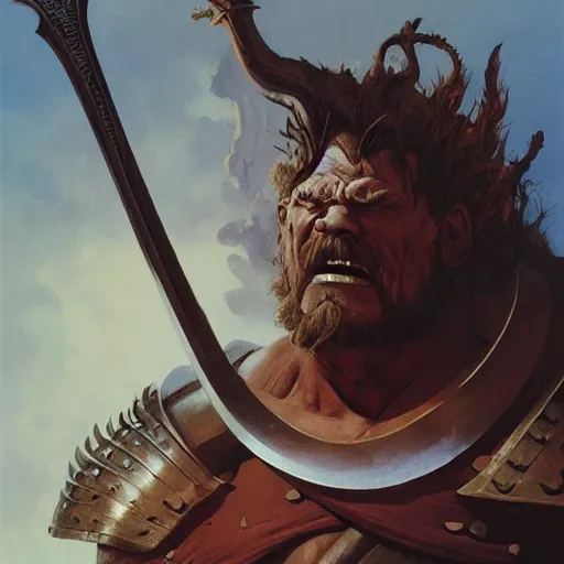 Image similar to head and shoulders portrait of a helmed fire giant with a giant sword, d & d, fantasy, greg rutkowski, frank frazetta, alexandre chaudret, boris vallejo, michael whelan, miro petrov, hr giger, magali villeneuve, donato giancola