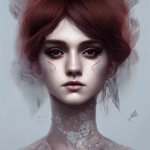Prompt: tom bagshaw portrait, very beautiful kururu kurasawa in a full dress and long thin lustrous auburn hair, professionally retouched, focus eyes, ultra realistic soft painting, insanely detailed linework, symmetrical accurate intricate features, behance, 8 k