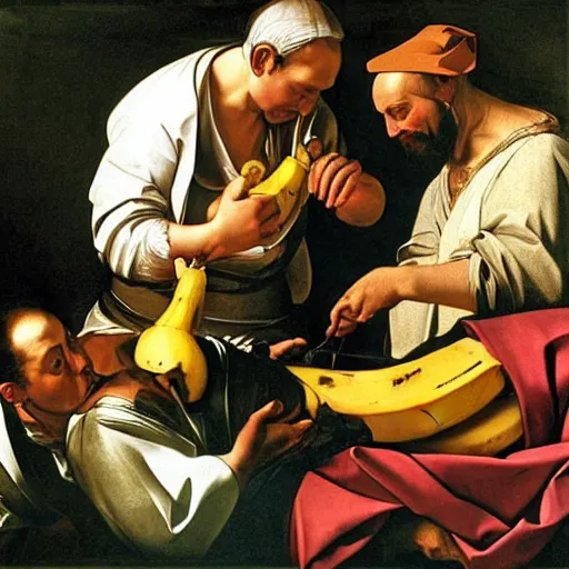 Image similar to doctors doing a operation on a cartoonish banana, caravaggio