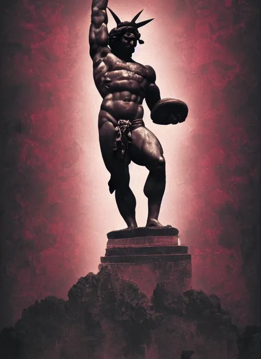 Image similar to dark design poster showing a statue of hercules, black background with very subtle red and purple design elements, powerful, nekro, vito acconci, graphic design, collage art, subtle thin lines, dark, glitch art, neo vaporwave, gritty, layout frame, square, trending on artstation