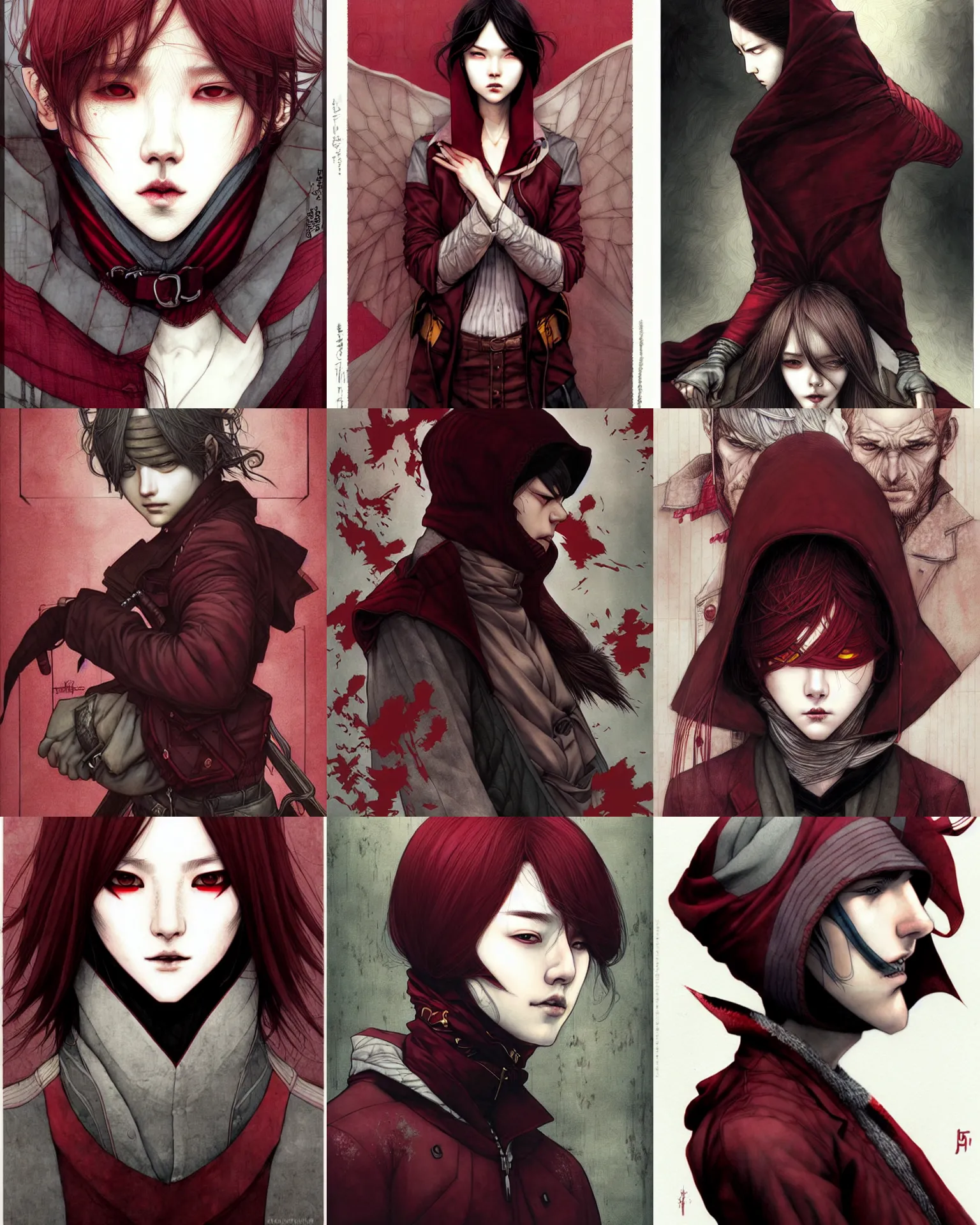 Prompt: a portrait of the thief by Reynold Brown and Kyoung Hwan Kim, bright-maroon and grey colour scheme, perfect faces, dark, brave