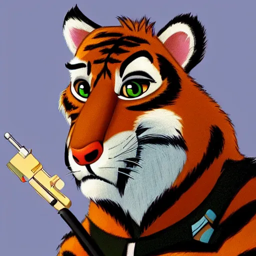 Image similar to “portrait of tiger in the style of the movie zootopia holding a laser gun, 4k, digital art, award winning”