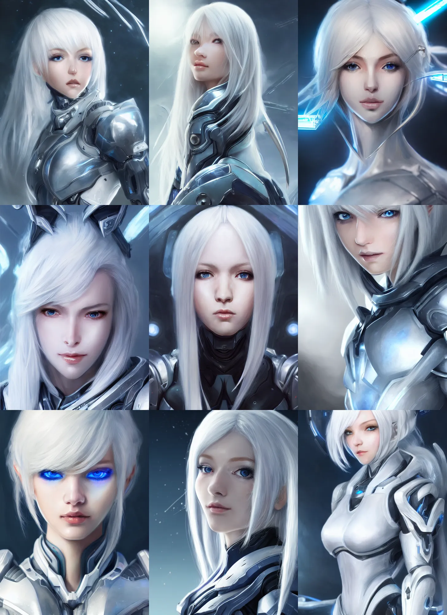 Image similar to detailed portrait of perfect white haired girl, android, warframe armor, beautiful, pretty face, blue cyborg eyes, innocent, scifi, 4 k, sun yunjoo, ultra realistic, aura of light, cinematic lighting, highly detailed, sharp focus, artstation, masterpiece, art by hyungjin yang and akihito tsukushi