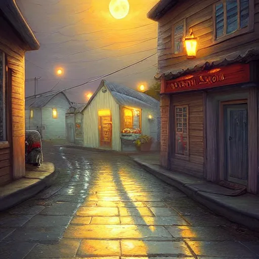 Prompt: towninspired by Evgeny Lushpin stores,cottages,streets,spring, midnight,full moon,cinematic,