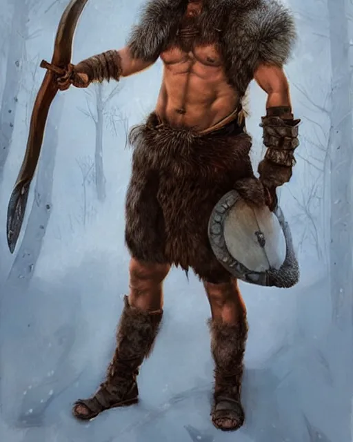 Image similar to realistic full body painting of viking barbarian, winter, epic, gwent, steve huston style newell convers wyeth,