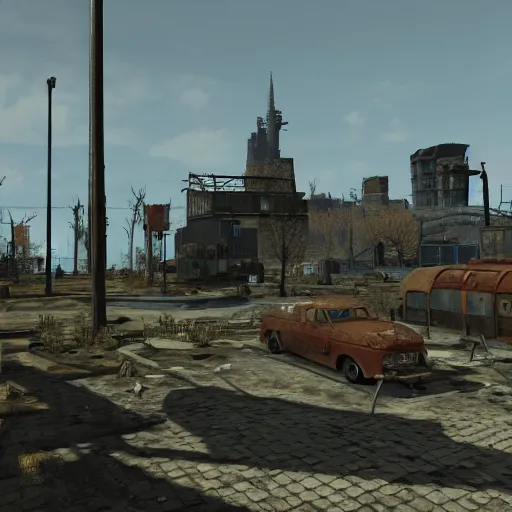 Image similar to copenhagen in ruins post - nuclear war in fallout 4, in game screenshot