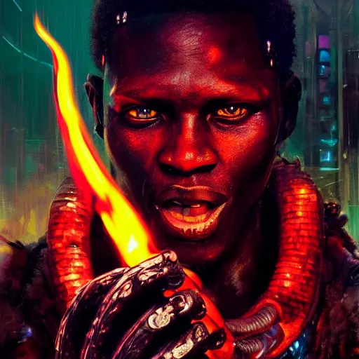 Image similar to shaka zulu as a cybperpunk gangster, eating fire in the neon ghetto, by greg rutkowski and android jones in a surreal portrait style, cyberpunk, oil on canvas, 8k