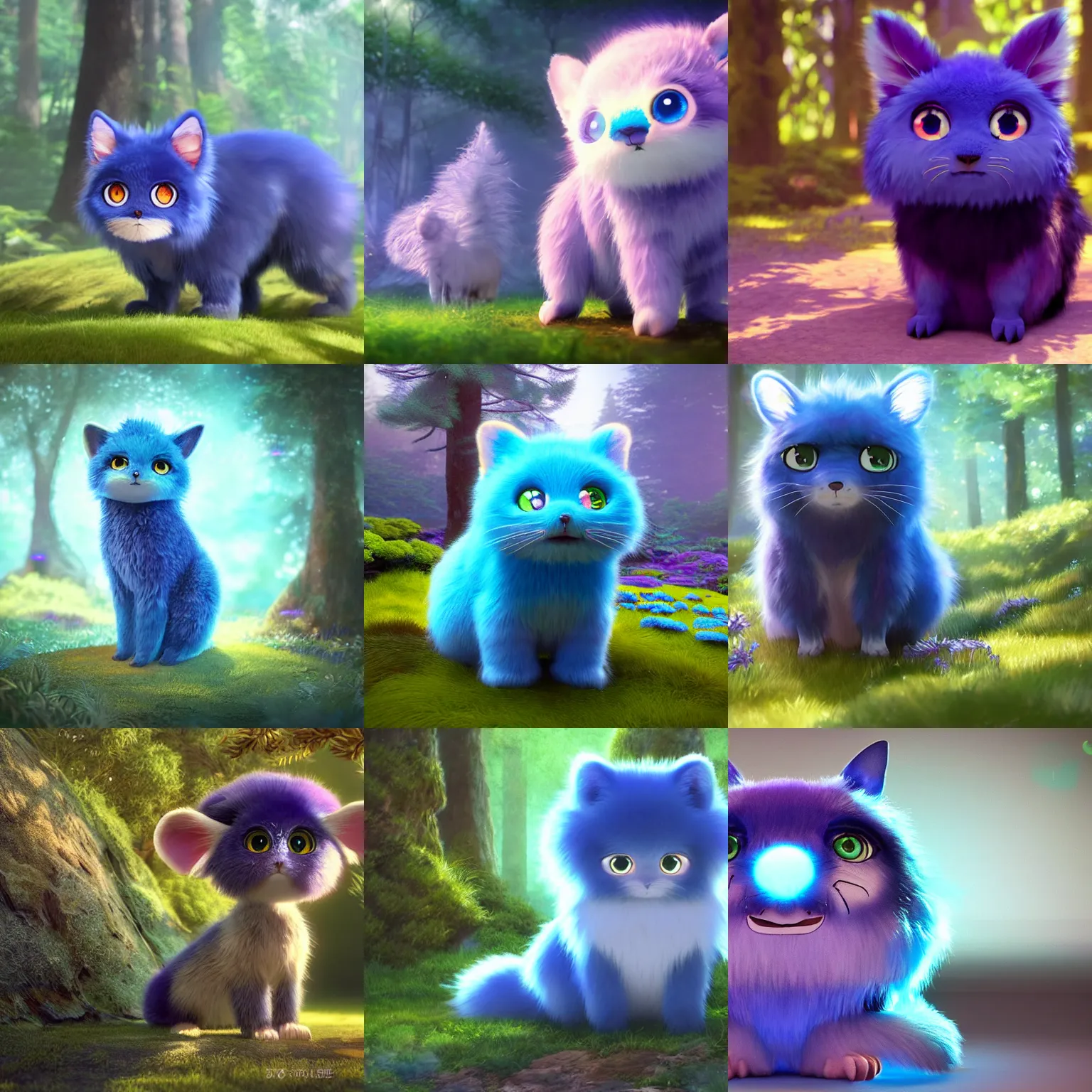 Prompt: ultra-realistic ultra-detailed adorable fluffy bioluminiscent creature in the style of ghibli kazuo oga, blue and purple fur, big ears, beautiful light big eyes, forest landscape, DOF, soft lighting, unreal engine render