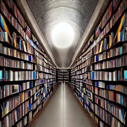 Prompt: infinite tunnel made of bookshelfs, professional award winning photograph