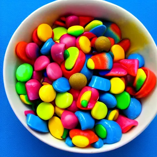 Prompt: pop art candy mix in a bowl of madness