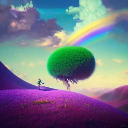 Image similar to nature scene. rainbow mountains. purple sky. fluffy clouds. big green fly. by Petros Afshar, by artgerm, by Eddie Mendoza, by Peter mohrbacher, octane render, 3d, unreal engine, depth of field, bokeh, motion blur, blur