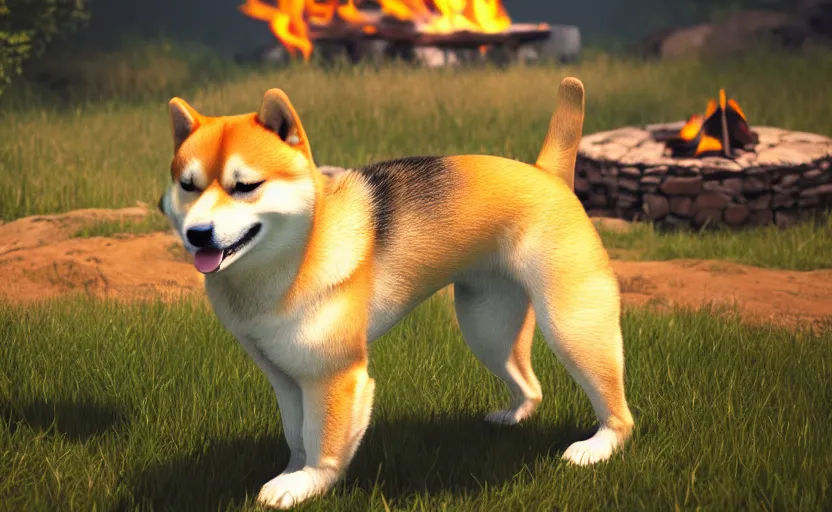 Prompt: A shiba inu dog in unreal engine, cinematic shot, campfire