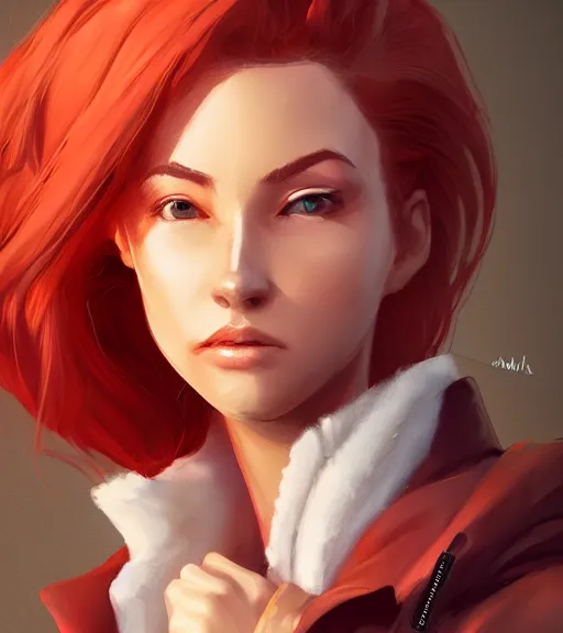 Image similar to a woman wearing a wide jacket, full body shot, red hair, highly detailed, digital painting, artstation, concept art, smooth, sharp focus, illustration