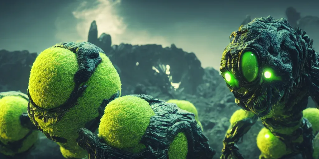 Prompt: a cinematic poster photo of 8 k ultra realistic tennis ball monsters, exotic, cinematic lighting, trending on artstation, 4 k, hyperrealistic, focused, high details, unreal engine 5, cinematic, alien planet atmosphere in background, 3 d render