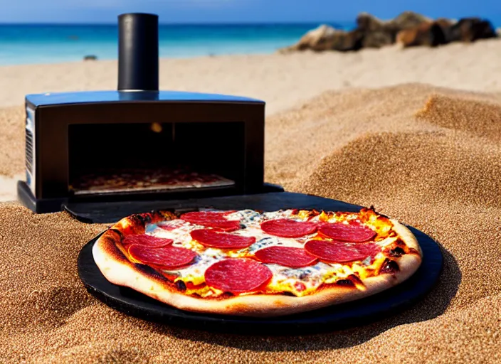 Image similar to clear highly detailed photorealistic food photograph of a wood oven cooked pizza with salami anchovies pepperoni loads of burned melted cheese lying on beach sand at sunset, waves next to it