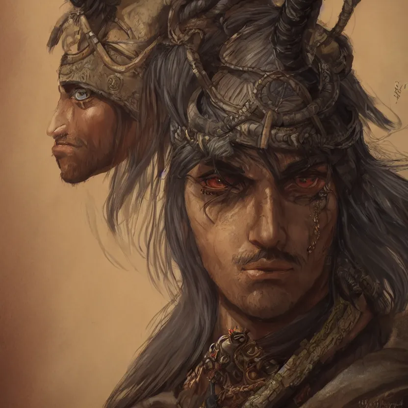 Image similar to an close up oil drawing of a gipsy tiefling in style of witcher, a character portrait by muggur, disco elysium character, featured on deviantart, fantasy art, concept art, official art, hd mod