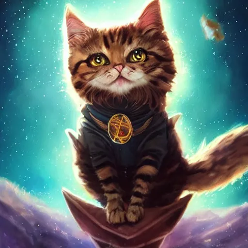 Image similar to cartoonish kitten wearing a wizard cat and a fake beard floating in space, bright stars, anime, a fantasy digital painting by Greg Rutkowski and James Gurney, trending on Artstation, highly detailed