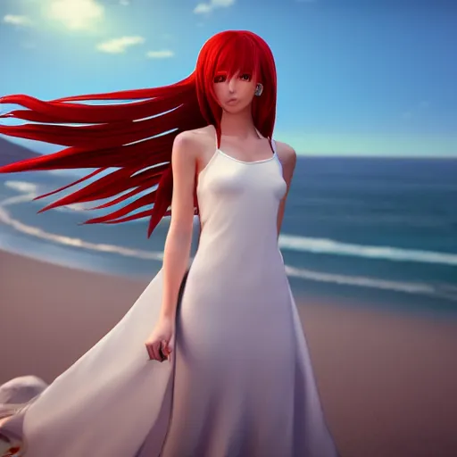 Image similar to octane render panoramic shot of a beautiful anime girl in a long white dress on a beach. Red hair, dramatic lighting, trending on artstation,manga cover