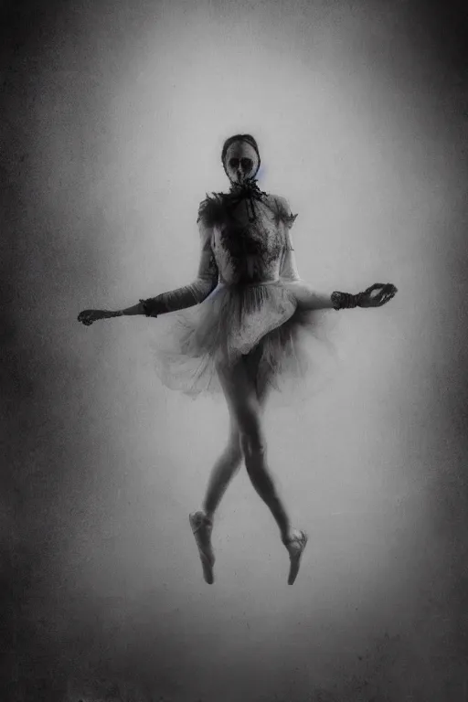 Image similar to dark ballerina, emil melmoth, concept art, deviantart, dark, 3 5 mm, chiaroscuro, surrealist, victorian, mist, filth, dark, on an empty stage from above, symmetrical face