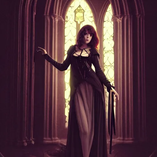 Image similar to a photograph of mary elizabeth winstead as a vampire in a gothic cathedral at night, gloomy, horror, photograph by artgerm and alphonse mucha and ross tran and greg rutkowski.