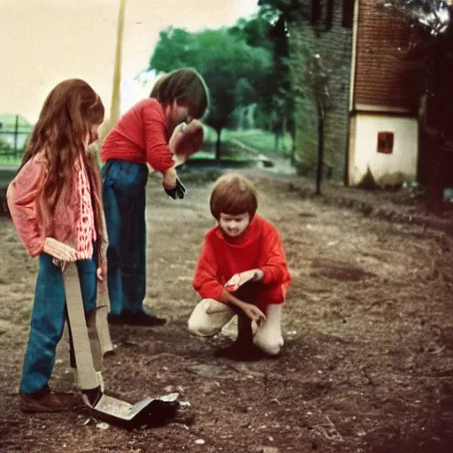 Image similar to little kids searching for the key. photo from the 7 0 s. hd, 8 k