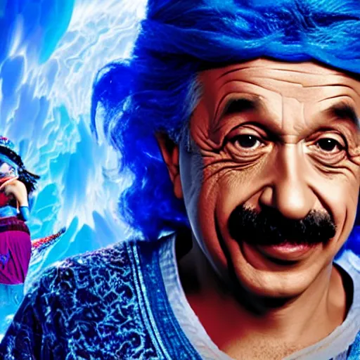 Prompt: albert einstein as genie with blue skin in the movie aladdin, movie still 8 k hdr atmospheric lighting