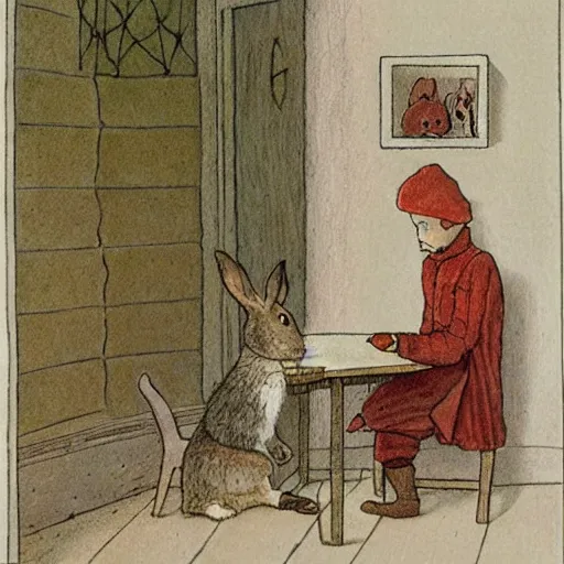 Prompt: a rabbit writing a letter inside a small room, in the style of carl larsson