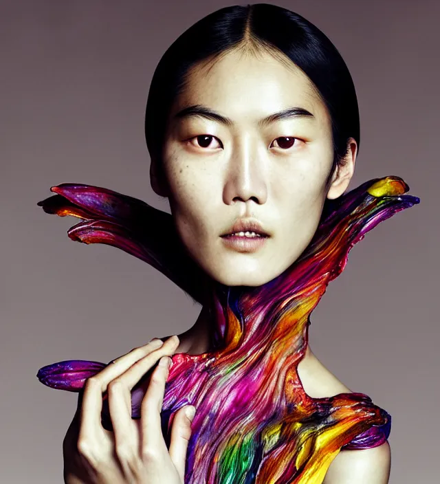 Prompt: photography facial portrait of liu wen, natural background, natural pose, wearing stunning cloth by iris van herpen, with a colorfull makeup. highly detailed, skin grain detail, photography by paolo roversi, nick knight, helmut newton, avedon, araki
