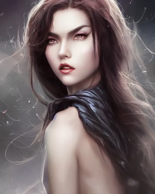 Prompt: a beautiful female vampire, ethereal, dreamy, backlit, highly detailed, pensive expression, realistic lighting, sharp focus, windswept, rule of thirds, symmetrical facial features, by artgerm, wlop, rossdraws, frank frazetta, andrei riabovitchev, trending on artstation, hd, 4 k, fantasy