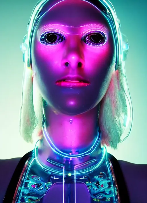 Image similar to a beautiful female humanoid with freckles cheeks, long eyelashes, cyber neon lighting, futurism, intricate futuristic jewelry, futuristic glossy latex suit, transparent plastic sleeveless vest, profile posing, hyper photorealistic, crispy quality, digital photography, trending in artstation, trending in pinterest, cinematic, 4 k ultra hd, art by pascal blanche, art by greg rutkowski,