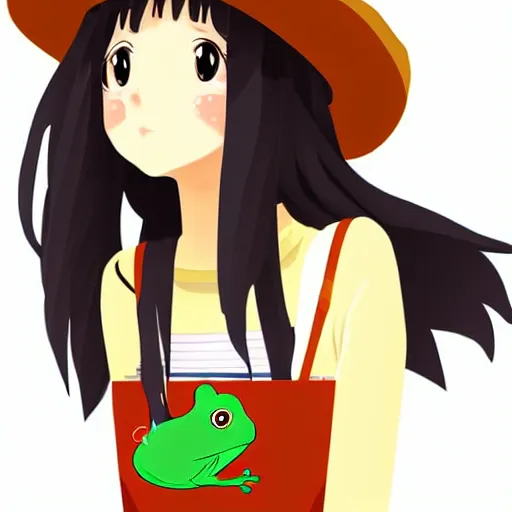 Image similar to portrait of cute anime girl with long brown hair with a frog bucket hat, digital art