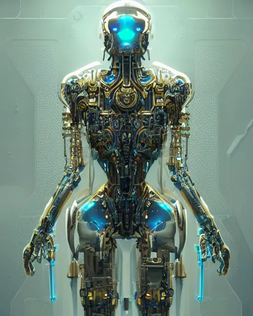 Image similar to benevolent cyborg necromancer, scifi, futuristic, helpful, kind, intelligent, alien room background, white, blue, gold, highly detailed, trending on artstation, soft light, holy machine, advanced technology, art by vitaly bulgarov and nivanh chanthara