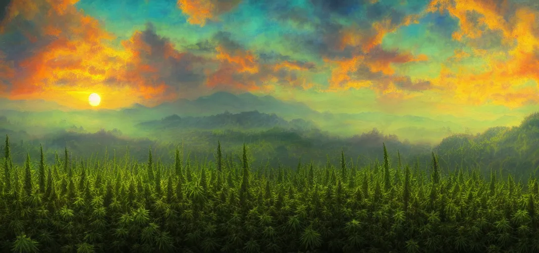 Image similar to an amazing deep painting of a marijuana world, intricate detail, sunset, idyllic, serene, volumetric lighting, 8 k, photorealistic, digital art trending on artstation