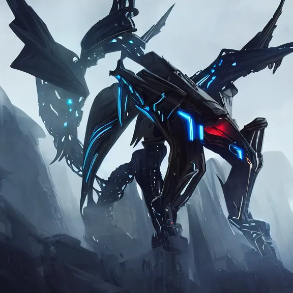 Image similar to cinematic shot, 35 foot tall stunning quadrupedal mecha dragon, sharp edged black armor, shining gold accents around the edges, sleek OLED blue visor for eyes, four legs, walking in busy neon city streets, sharp claws, epic shot, highly detailed art, sci fi, furry, 3D realistic, warframe fanart, destiny fanart, furry art, dragon art, feral art, macro art, furaffinity, DeviantArt, sofurry