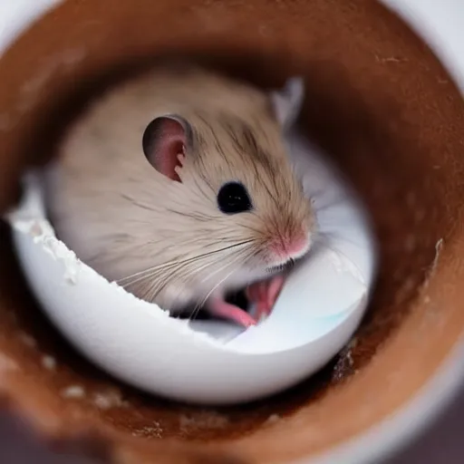 Prompt: a hamster emerging from a half cracked egg shell, close up, dslr