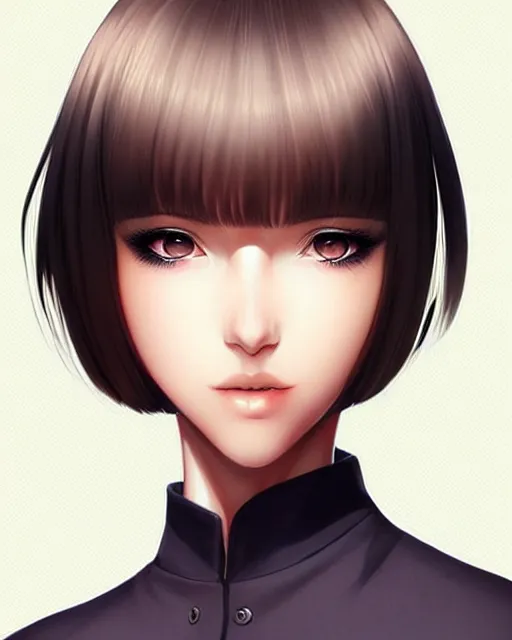 Prompt: a female student with a bob cut hair style. beautiful shadowing. art by Artgerm and Range Murata.