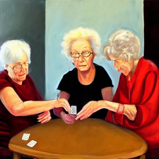 Image similar to 2 old ladies and a woman playing cards in a commieblock apartment, still life painting, oil painting