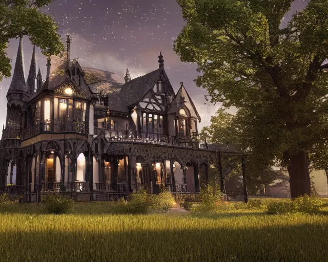 Prompt: Gothic Victorian house in the country, Pixar, sparkly, ultra-realistic, Octane render