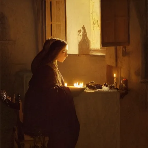 Image similar to elizabeth olsen, sitting in a dark kitchen in the medieval period, the only light illuminating is a candle on the desk, illustrated by gaston bussiere and johannes vermeer, artstation, cgsociety, artstation contest winner, artstation medieval, artstation fashion, 4 k, 8 k