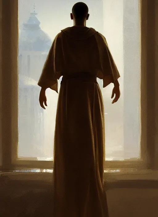 Image similar to oil painting of a dominican monk in robes, looking out a window contemplatively, digital art, artstation, cinematic, golden hour, digital art painting by greg rutkowski
