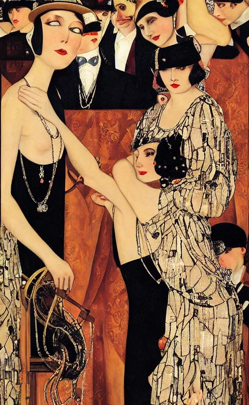 Image similar to an oil painting of jazz age high society life, 1920s style, dressed in 1920s fashion, smooth, highly detailed, high contrast, by Klimt, Coles Phillips, Dean Cornwell, JC Leyendecker, 8K