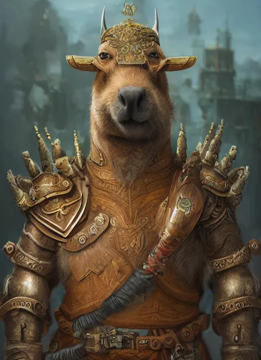 Image similar to illustrated fine matte painting of an anthropomorphic capybara warrior in full intricate armor by Julie Dillon, ultra detailed, digital art, octane render, 4K