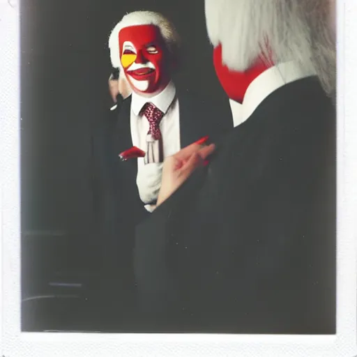 Prompt: polaroid photo of Ronald McDonald putting on makeup in the dressing room, premiere nerves, style of Karl Lagerfeld