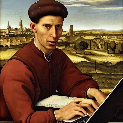 Prompt: a happy man studying soccer on his computer, detailed, highly detailed, heroic, epic, complex, very detailed, realistic, HD quality, 8k resolution, body and headshot, Oil Painting, Italian Renaissance Painting of Jerma985, Italian Renaissance Painting Style, Renaissance Painting Style, Painting, Trending on Artstation