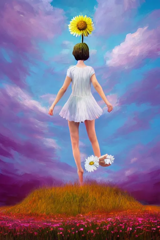 Image similar to giant white daisy flower as head, girl dancing in a flower field, surreal photography, sunrise, dramatic light, impressionist painting, colorful clouds, digital painting, artstation, simon stalenhag