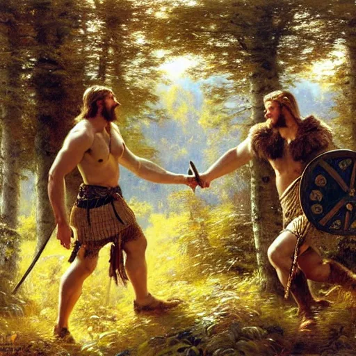 Prompt: 2 attractive male vikings frolicking in the forest. highly detailed painting by gaston bussiere, craig mullins, j. c. leyendecker, 8 k