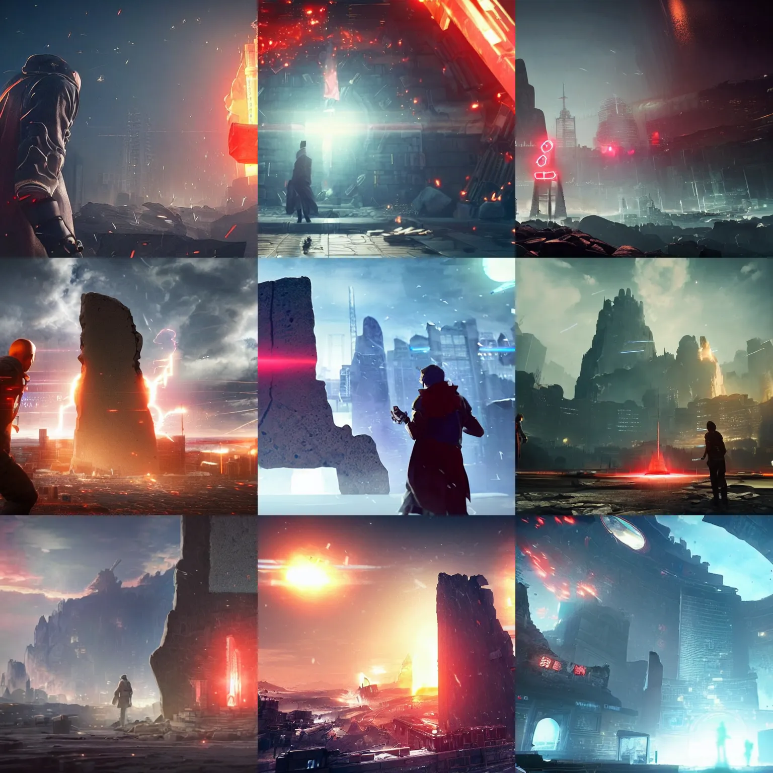 Image similar to a huge towering and broken stone tablet with red light stands in the center of a prosperous city at the end of the world, and the energy is released, secret, mysterious, doomsday, landscape, video game control, quantum break, arknights