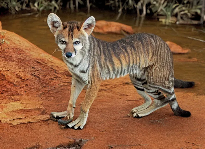 Prompt: photo of a thylacine, ‘Tasmanian ((tiger))’, thylacine, detailed fur, long thin tail, long snout, small eyes, drinking water from a lake, Australia, HD, National Geographic,